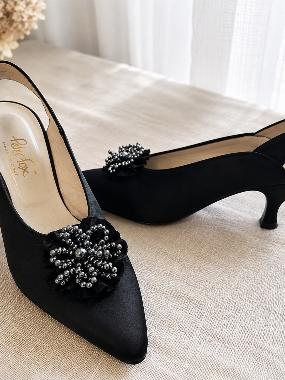 Peter Fox (Titanic Designer)Made in Italy Black Satin Beaded Heels 8.5 B Vintage